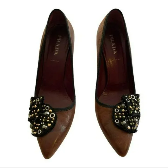 Prada Shoes Brown Embellished Pointed Heels Size 38.5 US 8.5 - Picture 2 of 6